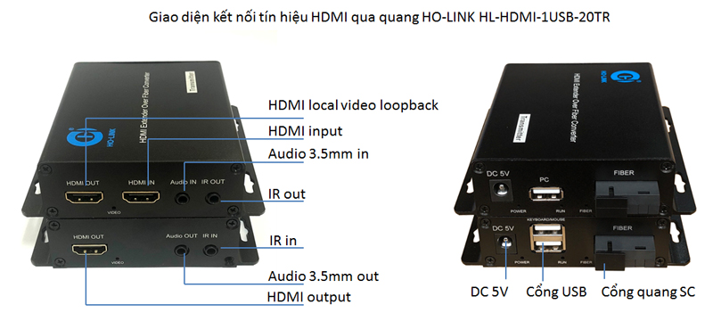 Bộ kéo dài HDMI qua cáp quang 1FO  20km có cổng USB mã   HL-HDMI-1USB-20TR